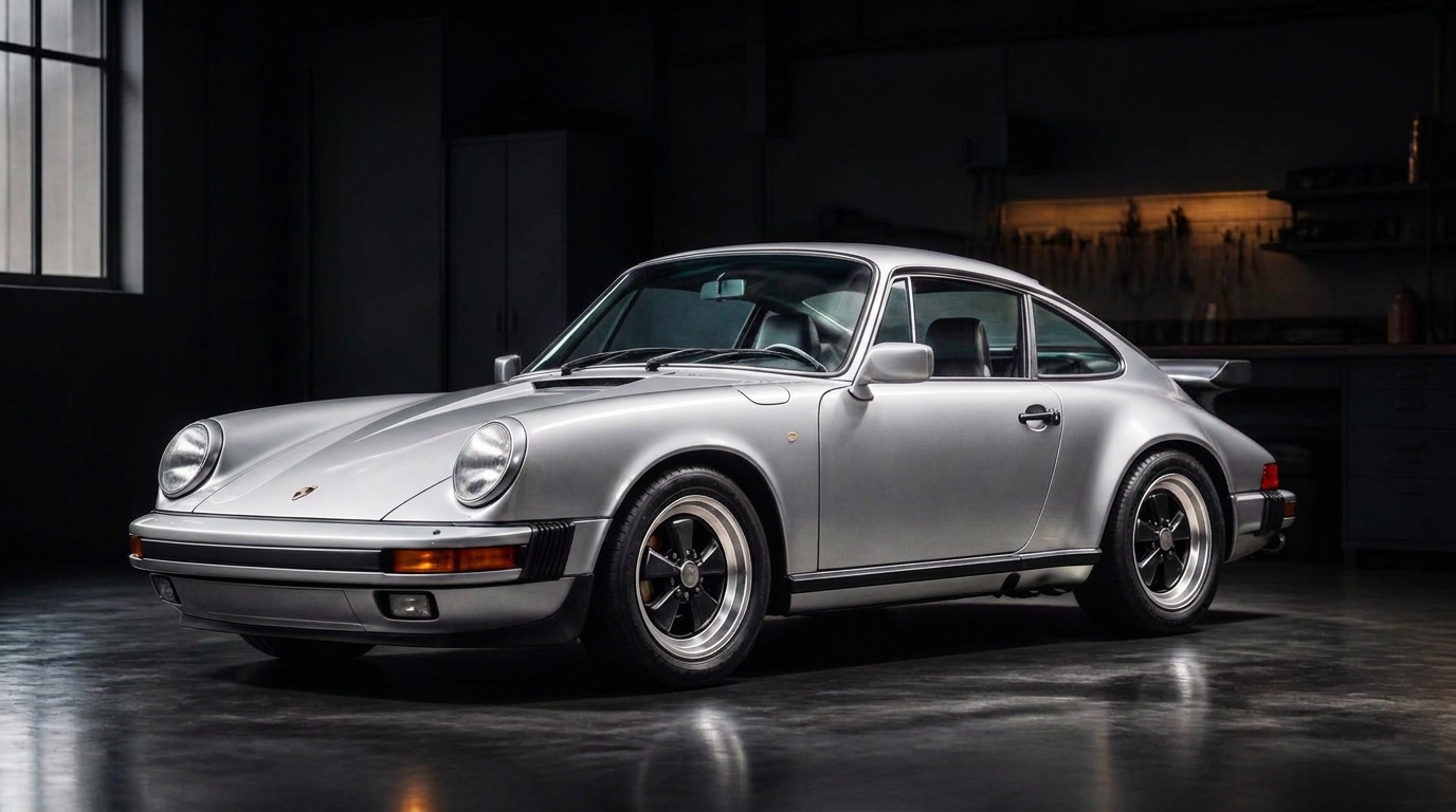 Klassieke Porsche in een donkere werkplaats, klaar voor diagnose van de voertuigbeveiliging
